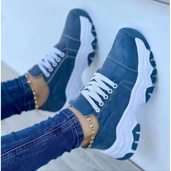 Women Casual Plus Size Solid Color Round Toe Lace-Up Thick-Soled Sneaker