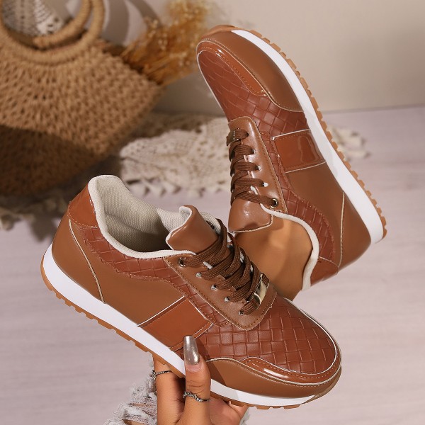 Women Fashion Casual Plus Size PU Woven Round Toe Thick-Soled Sneaker