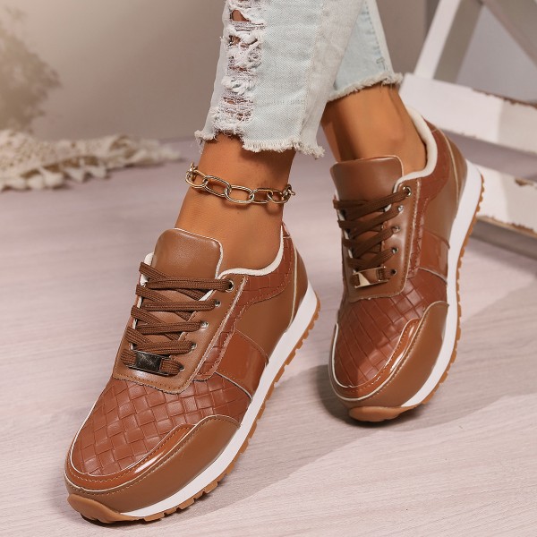 Women Fashion Casual Plus Size PU Woven Round Toe Thick-Soled Sneaker